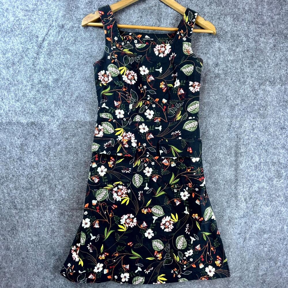 Warehouse Dress 2 Black Floral Cotton Stretch Dark Romantic Boho 90s Y2K Retro